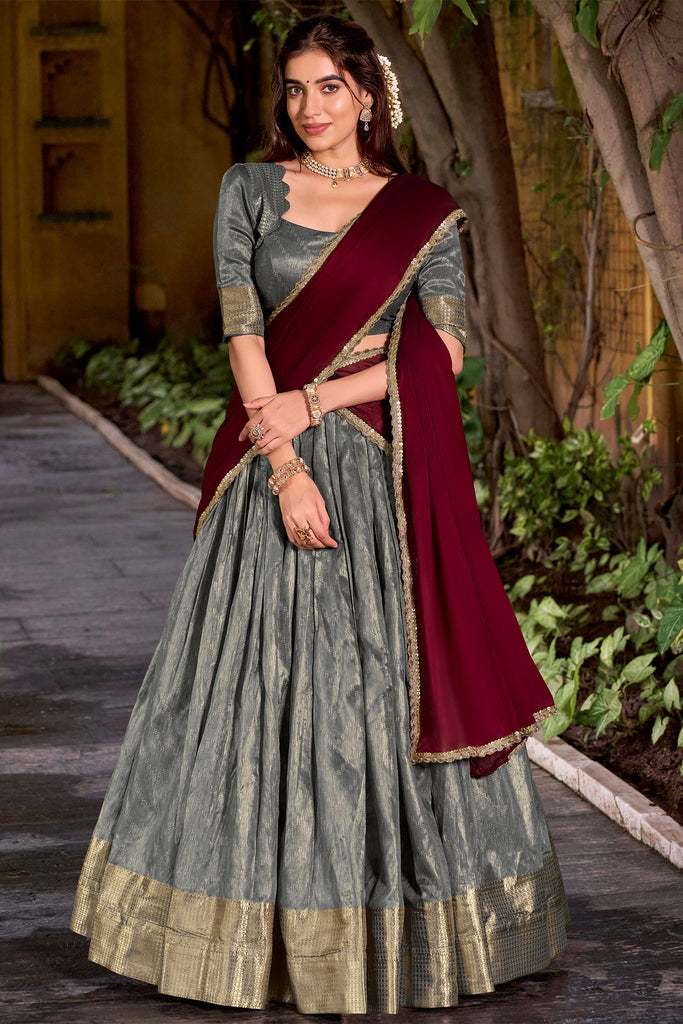 Spectacular Grey Zari Weaving Silk Onam Special Half Saree Lehenga