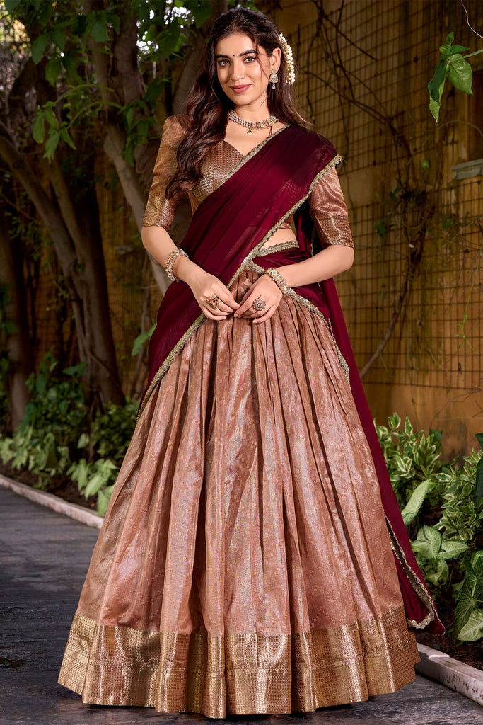 Gorgeous Peach Zari Weaving Silk Festival Wear Half Saree Lehenga