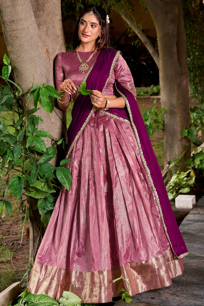 Charming Pink Zari Weaving Silk Event Wear Half Saree Lehenga