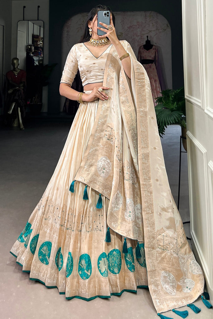 Attractive Off-White Weaving Work Silk Wedding Wear Lehenga Choli