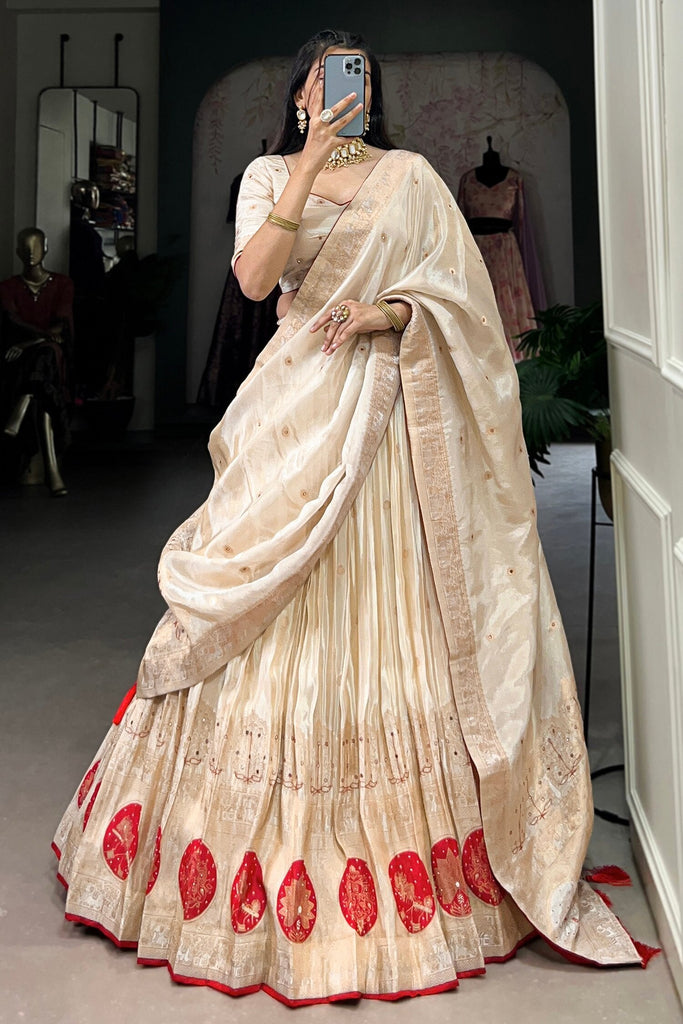 Captivating Off-White Weaving Work Silk Function Wear Lehenga Choli