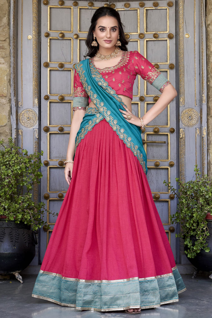 Adorable Blush Pink Zari Weaving Border Vichitra Silk Half Saree Lehenga