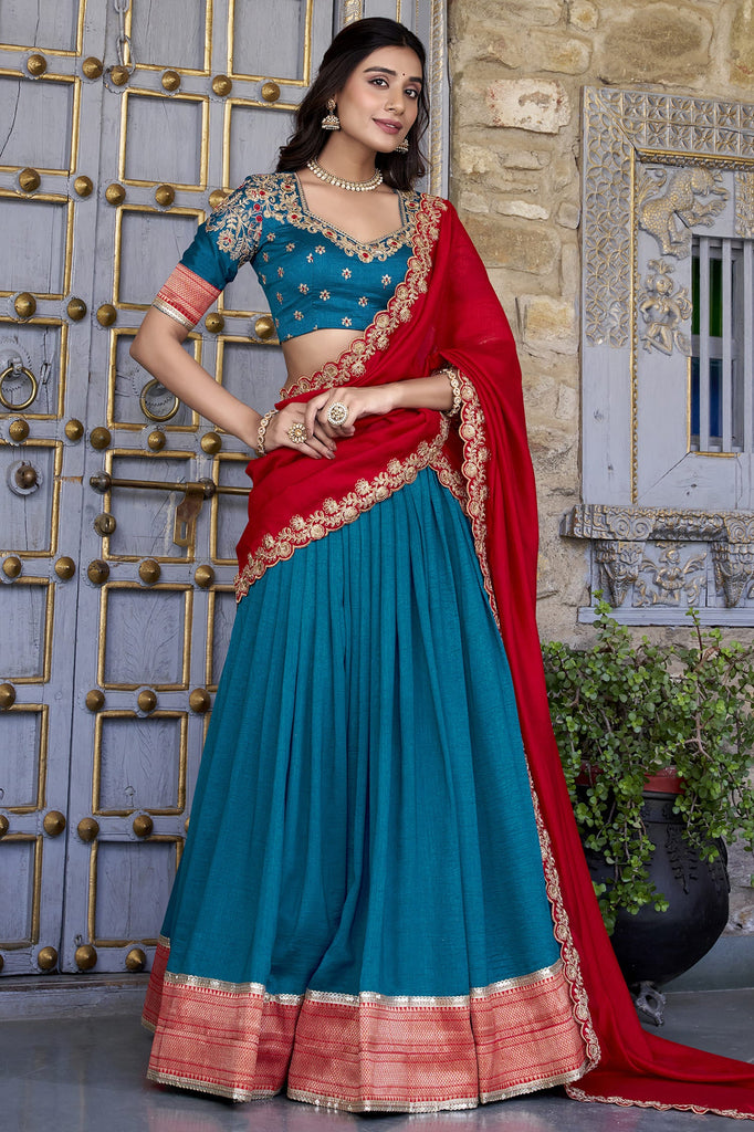 Alluring Teal Blue Border Work Vichitra Silk Half Saree Lehenga