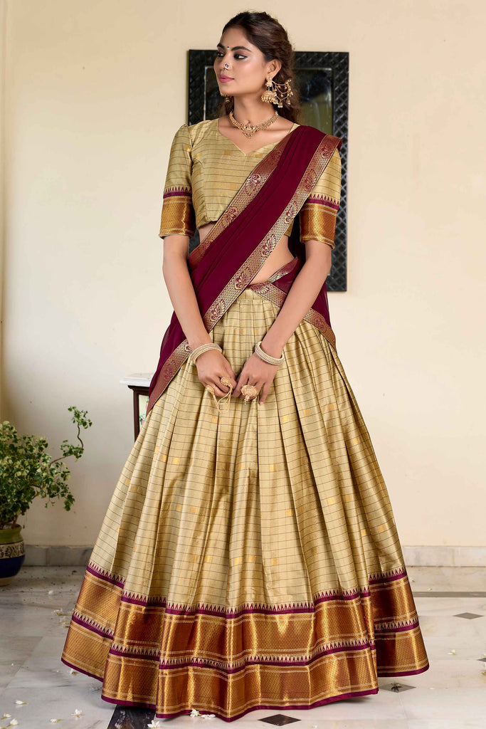 Amazing Beige Zari Weaving Silk Function Lehenga Choli With Dupatta