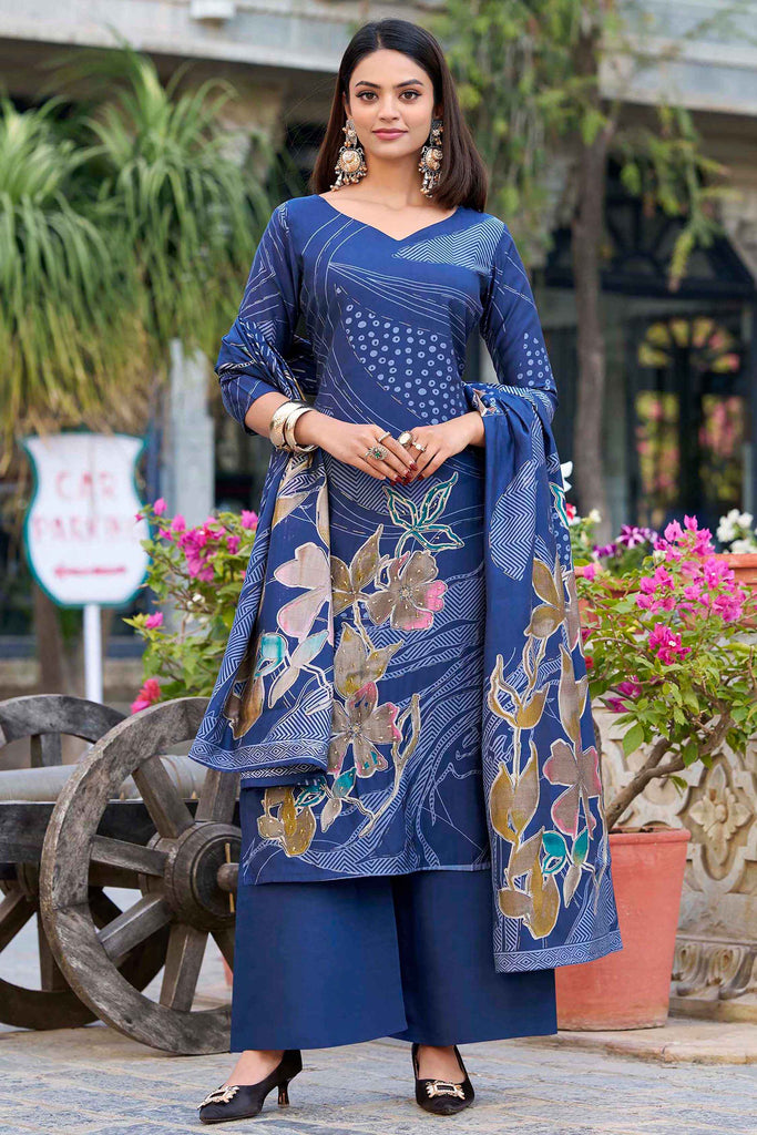 Winsome Navy Blue Floral Printed Silk Festival Wear Palazzo Suit