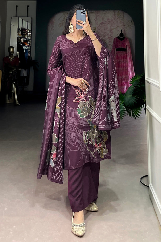 Stunning Wine Floral Printed Silk Palazzo Suit With Dupatta