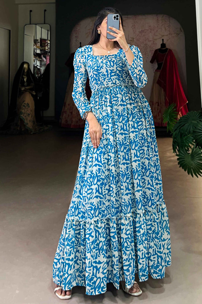 Gorgeous Blue Printed Georgette Event Wear Long Gown