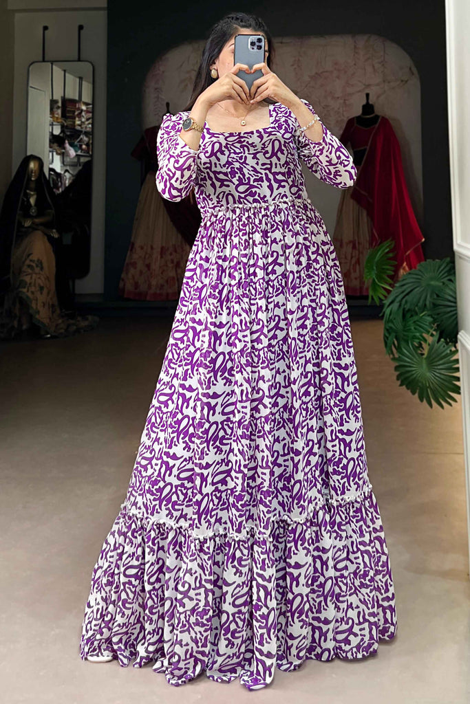 Fantastical Purple Printed Georgette Function Wear Long Gown