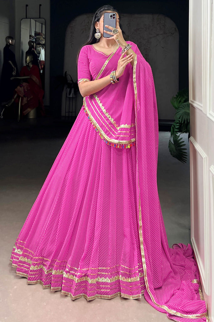 Excellent Pink Bandhani Printed Georgette Festival Wear Lehenga Choli