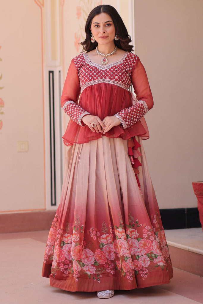 Elegant Red Floral Printed Organza Designer Lehenga With Peplum Top