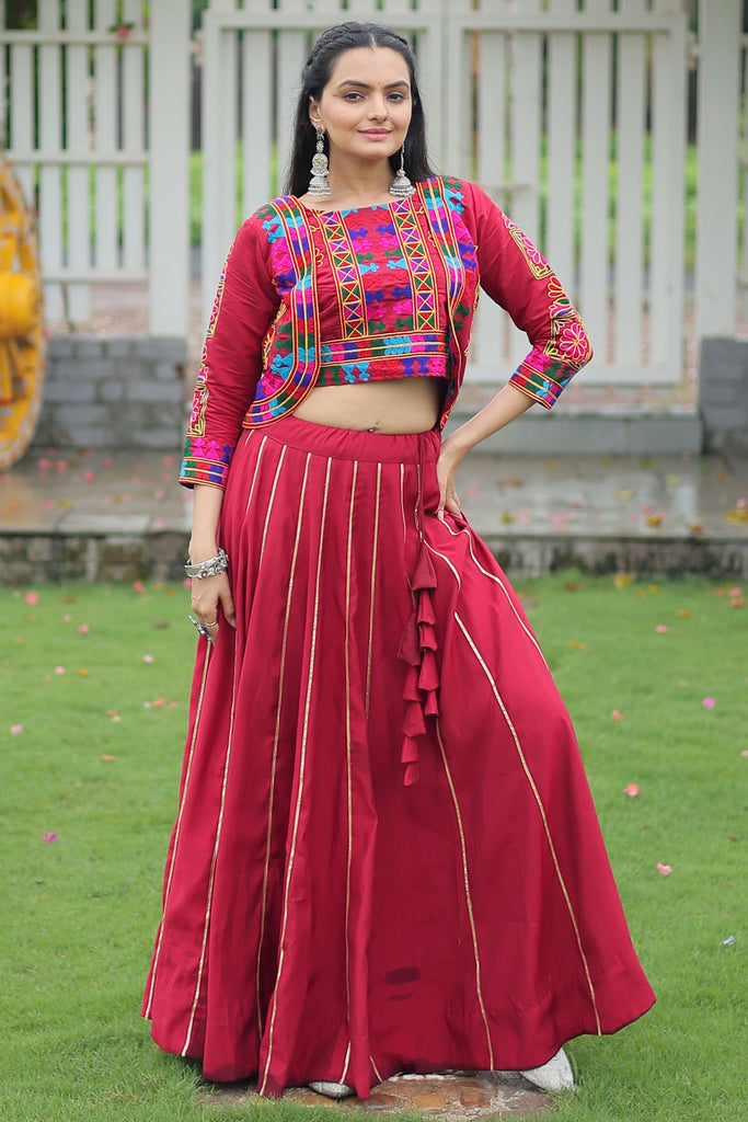 Alluring Maroon Gota-Patti Silk Navratri Lehenga Choli With Jacket