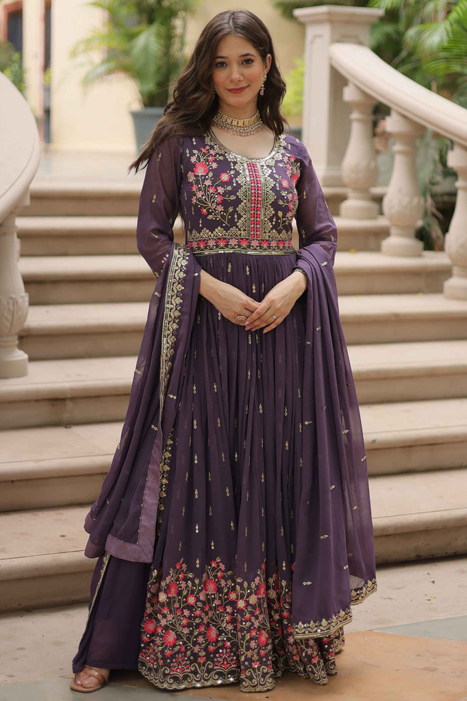 Beautiful Purple Embroidered Georgette Anarkali Gown With Sharara