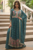 Captivating Teal Blue Embroidered Georgette Anarkali Gown With Sharara