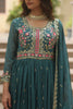 Captivating Teal Blue Embroidered Georgette Anarkali Gown With Sharara