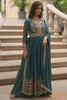 Captivating Teal Blue Embroidered Georgette Anarkali Gown With Sharara