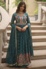 Captivating Teal Blue Embroidered Georgette Anarkali Gown With Sharara