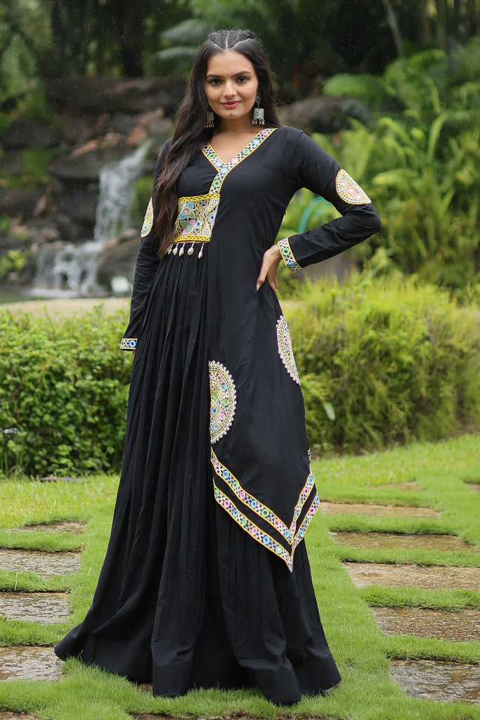 Marvelous Black Gamthi Work Rayon Navratri Wear Gown