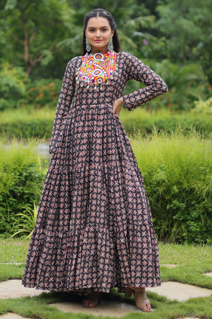 Adorable Black Digital Printed Cotton Navratri Wear Gown