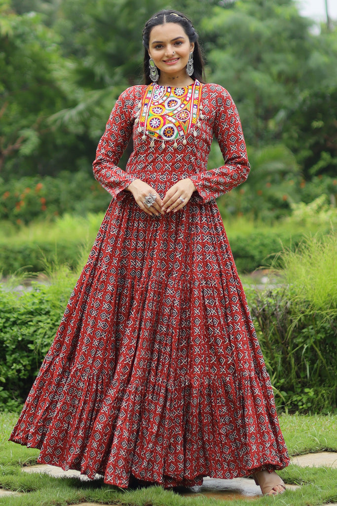 Charming Maroon Digital Printed Cotton Navratri Wear Gown