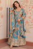 Glamorous Sky Blue Floral Printed Silk Event Wear Gown With Dupatta