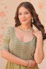 Spectacular Pista Green Bead Work Organza Event Wear Gown