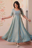 Splendid Sky-Blue Beads Embroidery Organza Function Wear Gown