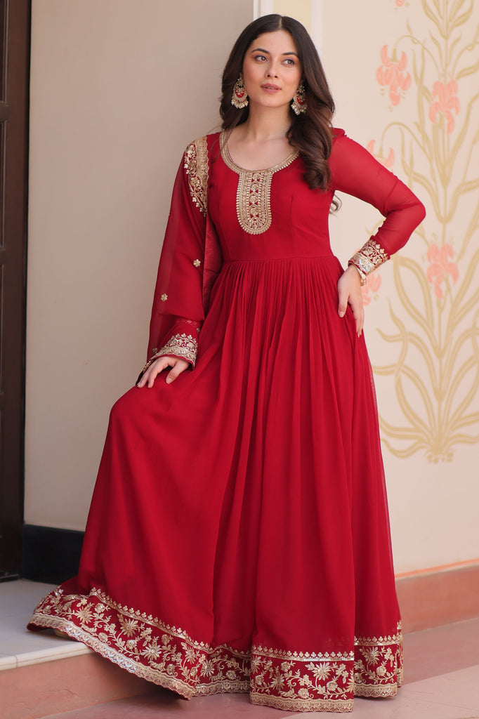 Precious Maroon Sequins Georgette Festival Wear Gown With Dupatta