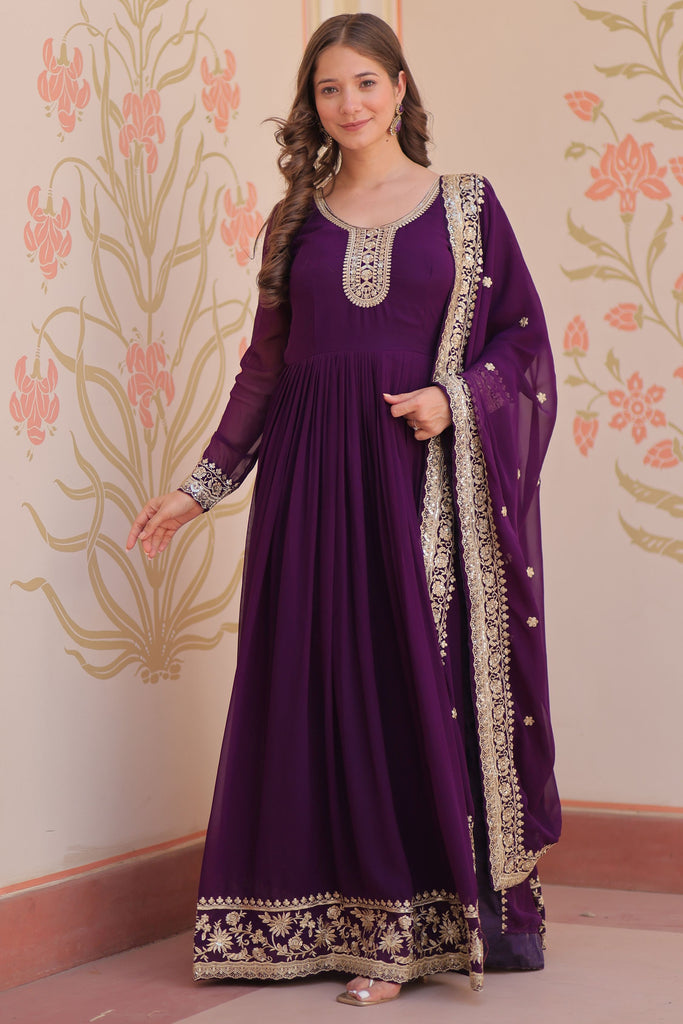 Fabulous Purple Sequins Georgette Reception Wear Gown With Dupatta
