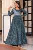 Dazzling Teal Blue Zari Weaving Cotton Event Wear Gown