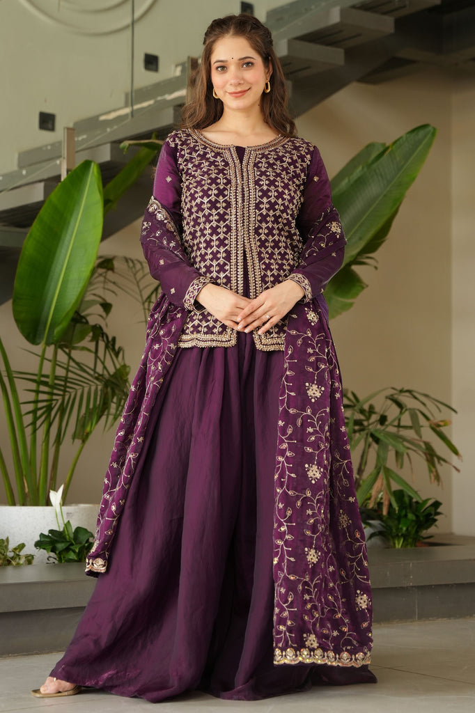 Stunning Wine Beads Embroidered Designer Sharara Suit With Dupatta