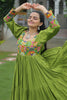 Lovely Green Gamthi Work Rayon Navratri Wear Layered Gown