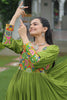 Lovely Green Gamthi Work Rayon Navratri Wear Layered Gown