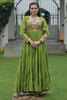 Lovely Green Gamthi Work Rayon Navratri Wear Layered Gown