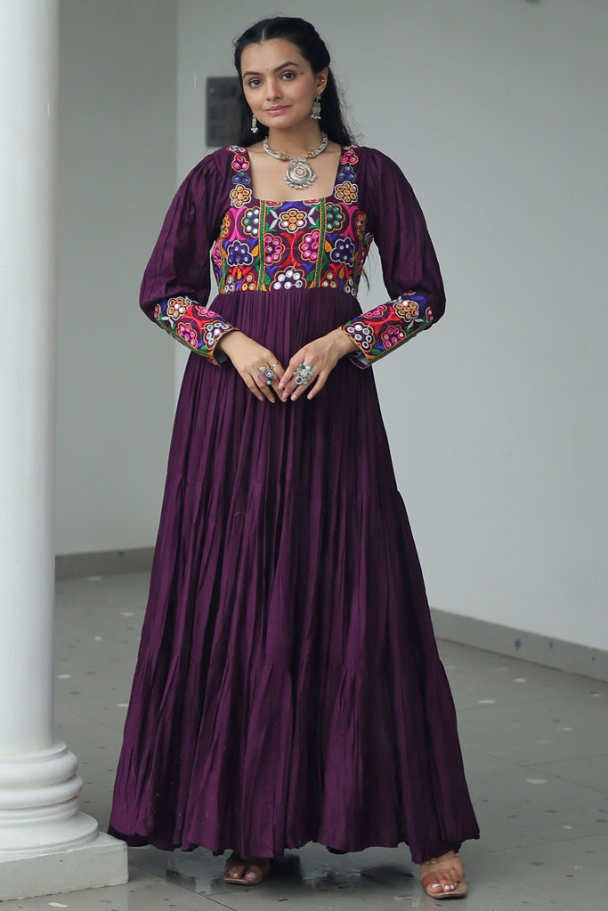 Bewitching Wine Kutchi Work Rayon Navratri Special Gown