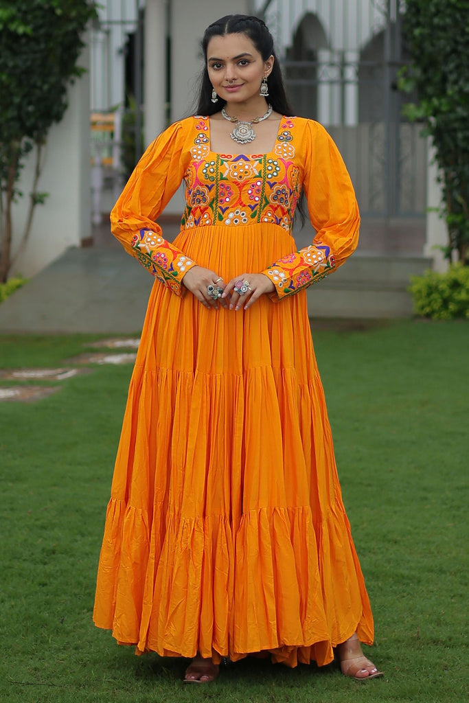 Pleasant Orange Kutchi Work Rayon Navratri Wear Gown