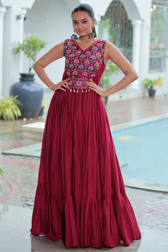 Sweet Maroon Mirror Work Rayon Navratri Special Gown