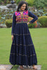 Attractive Navy Blue Gamthi Work Rayon Navratri Special Gown