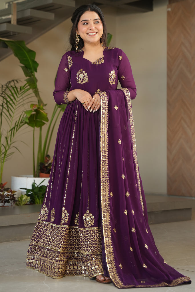 Adorable Wine Sequins Georgette Engagement Wear Gown With Dupatta