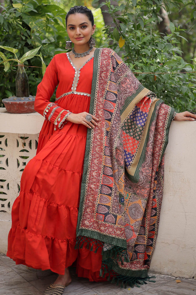 Good-looking Orange Rayon Festival Wear Gown With Printed Dupatta