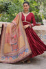 Appealing Maroon Lace Work Rayon Traditional Gown With Dupatta