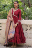 Appealing Maroon Lace Work Rayon Traditional Gown With Dupatta