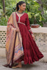 Appealing Maroon Lace Work Rayon Traditional Gown With Dupatta
