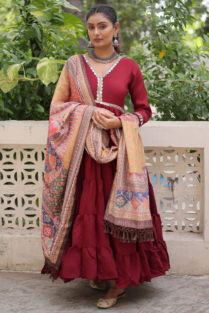 Appealing Maroon Lace Work Rayon Traditional Gown With Dupatta