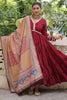 Appealing Maroon Lace Work Rayon Traditional Gown With Dupatta