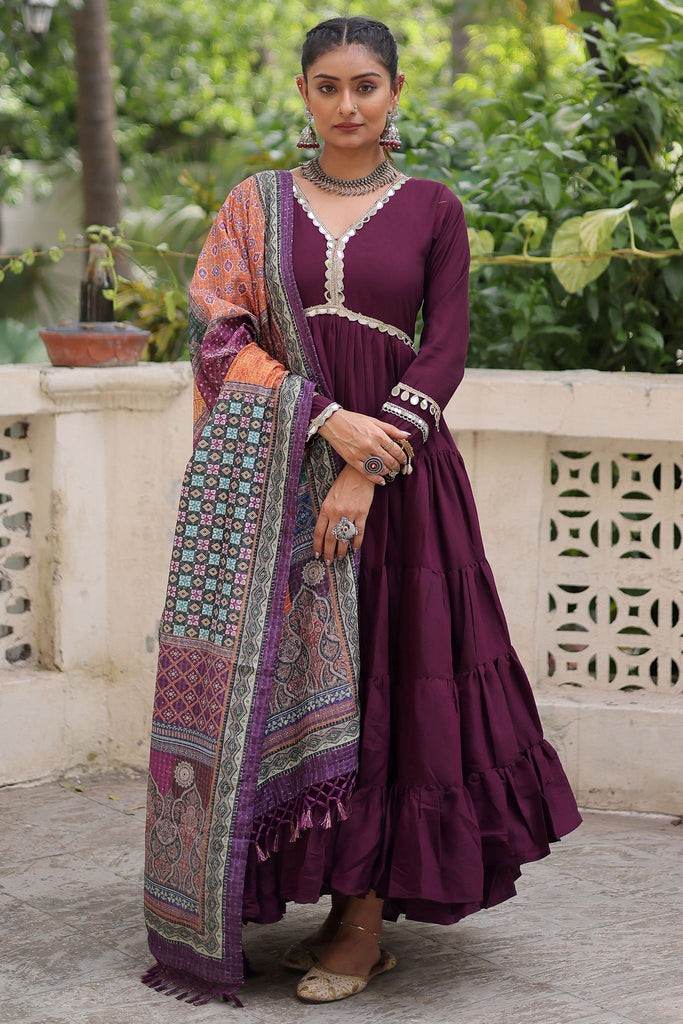 Awesome Wine Rayon Traditional Gown With Digital Printed Dupatta