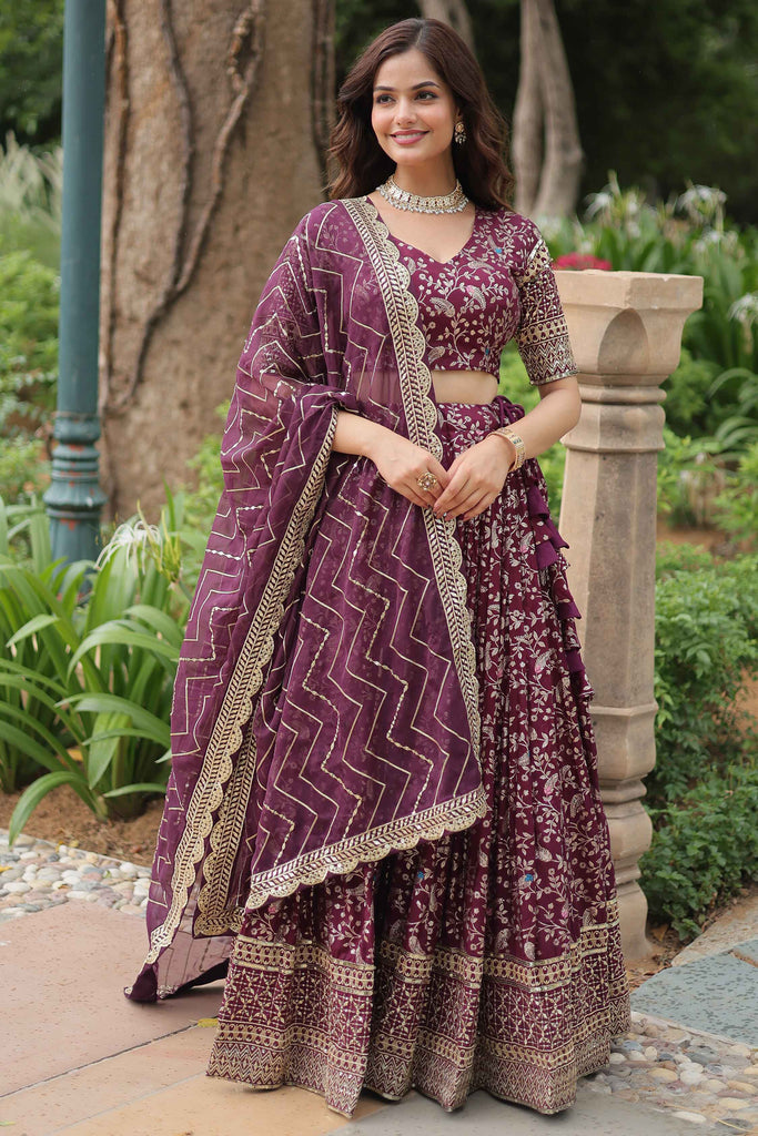 Captivating Wine Sequins Jacquard Reception Wear Lehenga Choli