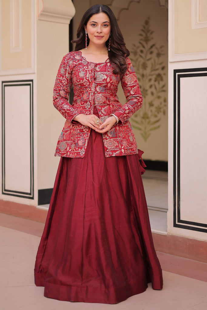 Adorable Maroon Silk Designer Lehenga With Zari Weaving Jacket
