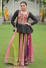 Cute Pink Gamthi Work Rayon Navratri Wear Lehenga With Peplum Top