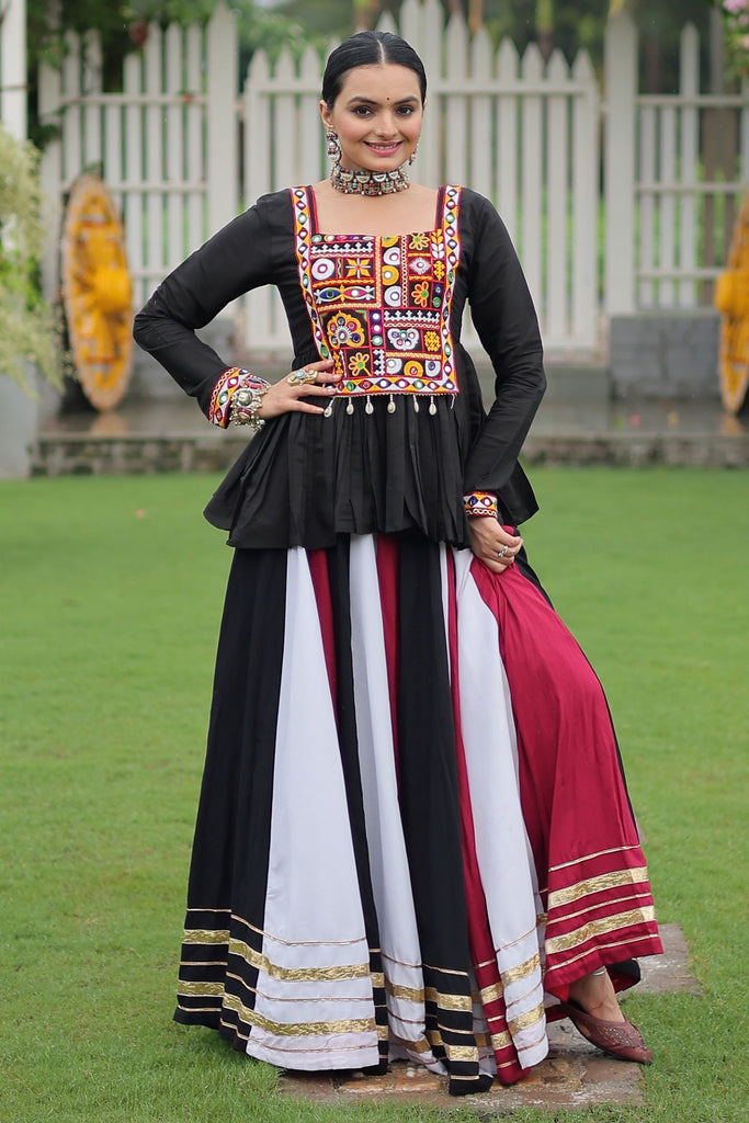 Attractive White Gamthi Work Rayon Peplum Top With Lehenga