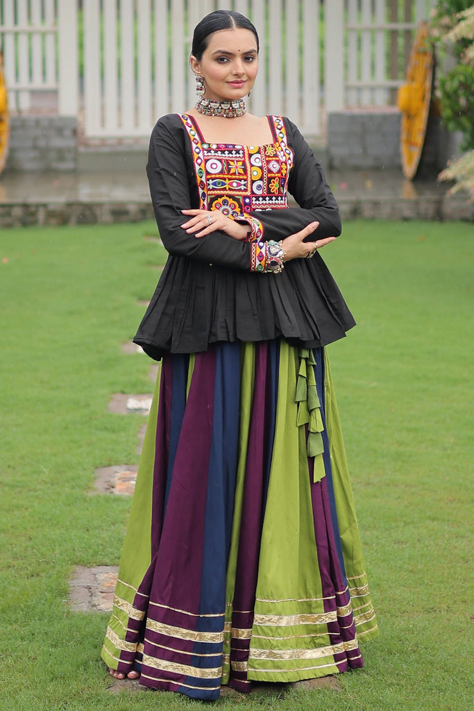 Pretty Multi-Color Gamthi Work Rayon Navratri Lehenga With Peplum Top